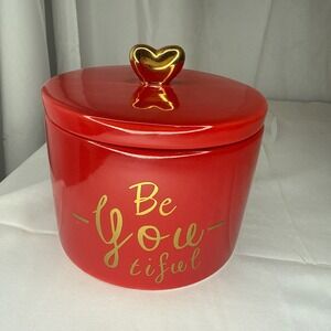 Custom "Be -You-tiful" Red/Gold Ceramic Storage Canister With Lid - Heart Topper